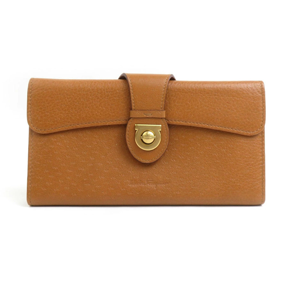 Salvatore Ferragamo Tri fold Wallet Long Gancini Leather Brown Gold